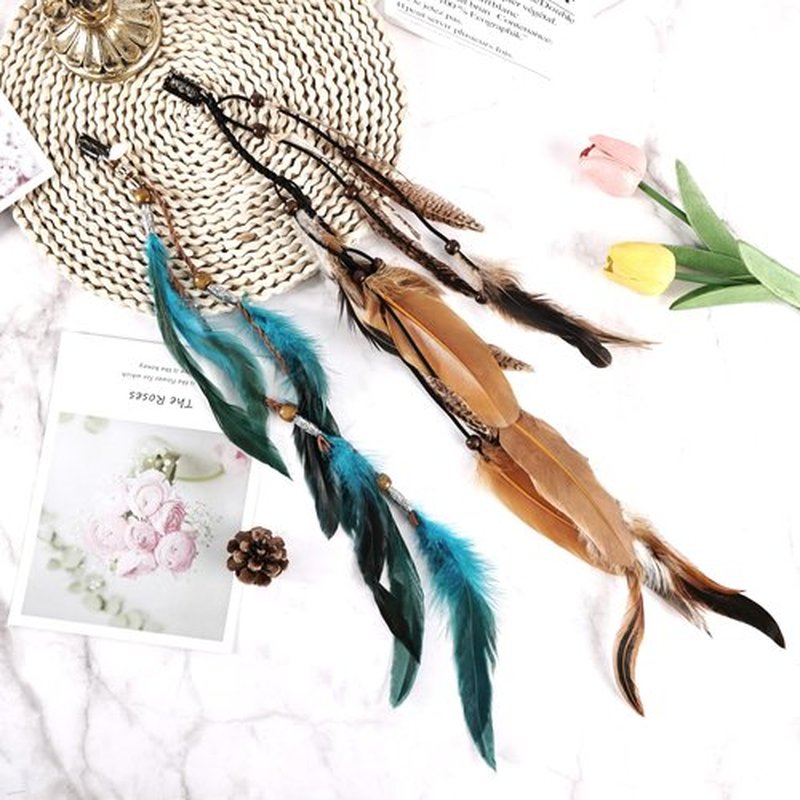 FeelfunFeather Feathers Hair Extensions for Women Boho Clip-in Hair Feather Accessories for Mardi Gras Performances Photo Shoots Carnival Party Headdress Accessory- long, Natural+Blue(2 Pcs)