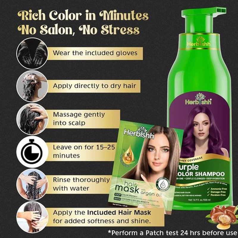 Herbishh Magic Hair Dye Shampoo - Color Gray Hair in Minutes - Long-Lasting Ammonia-Free Treatment (500ml, Purple)