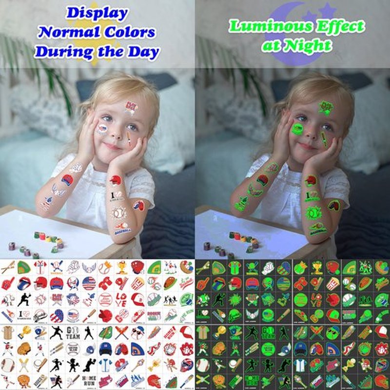 96 PCS Baseball Sports Pre-Cut Luminous Glow in the dark Temporary Tattoos for Kids | Super Cute Baseball Themed Birthday Party Favors, Supplies, Decorations, Fake Tattoo Stickers Gifts for Boys Girls