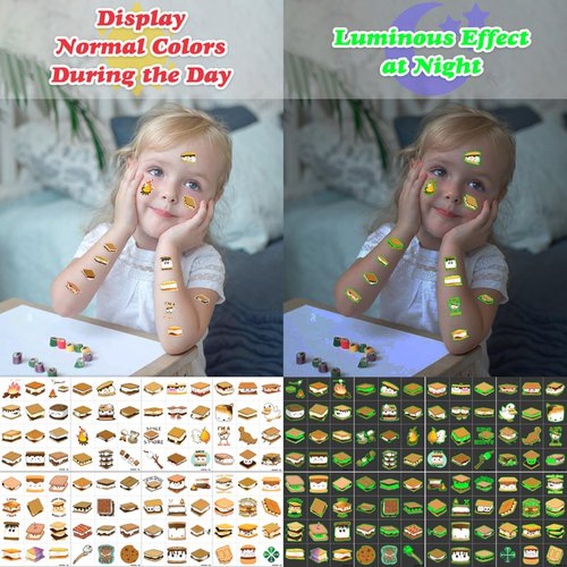 96PCS Smores Pre-Cut Temporary Tattoos Campfire Birthday Party Decorations Favors Supplies Camping Baby Shower Themed Stickers 8 Sheets Gifts for Kids Girls Boys Decor Class School (Luminous)