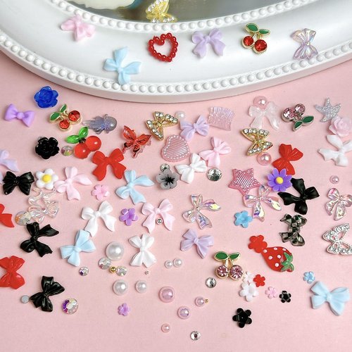 3D Flowers Nail Charms Y2K Kit, Metal Butterfly Cherry Colorful Bow Nail Charms for Nails Art Gems, Flatback Pearls Charms for Nails Bows Manicure DIY Crafts Jewelry Nail Accessories