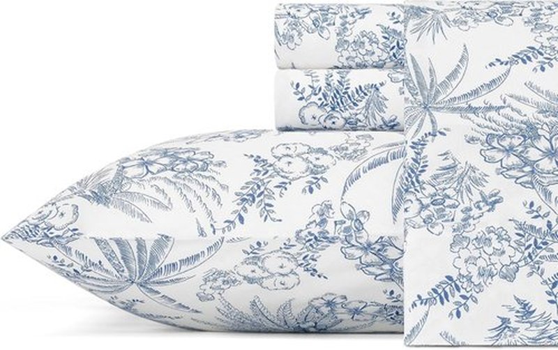 Tommy Bahama King Size Sheets Set - Crisp Cooling Cotton Percale with Matching Pillowcases & Fitted Sheet | Pen and Ink Palm Blue