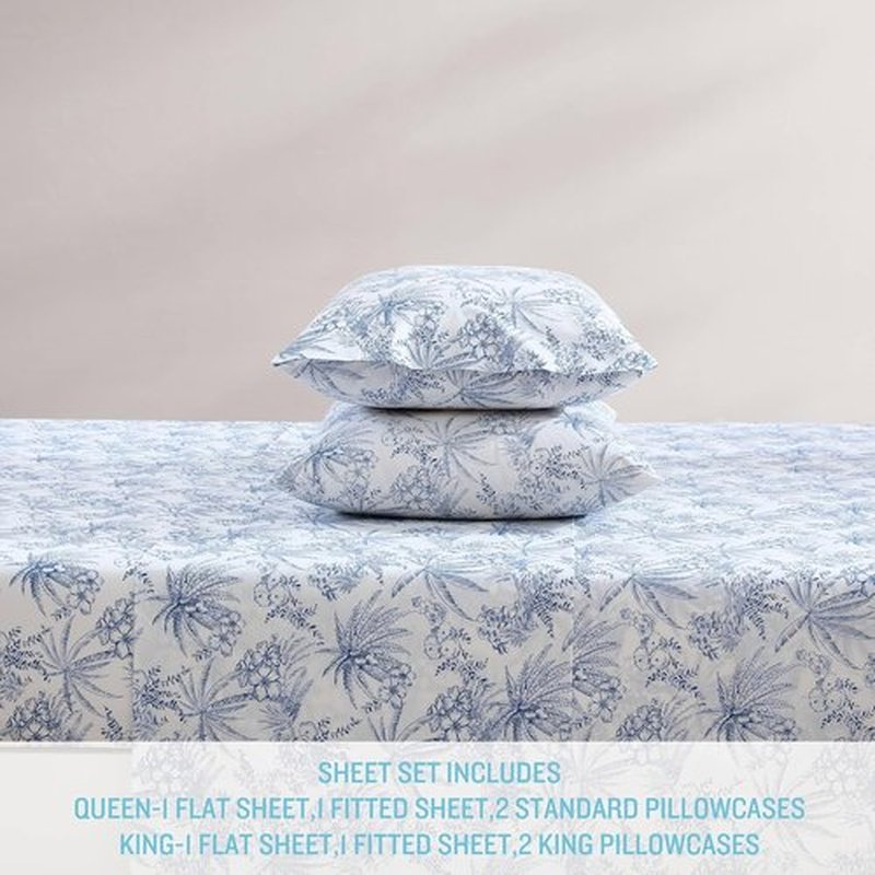Tommy Bahama King Size Sheets Set - Crisp Cooling Cotton Percale with Matching Pillowcases & Fitted Sheet | Pen and Ink Palm Blue