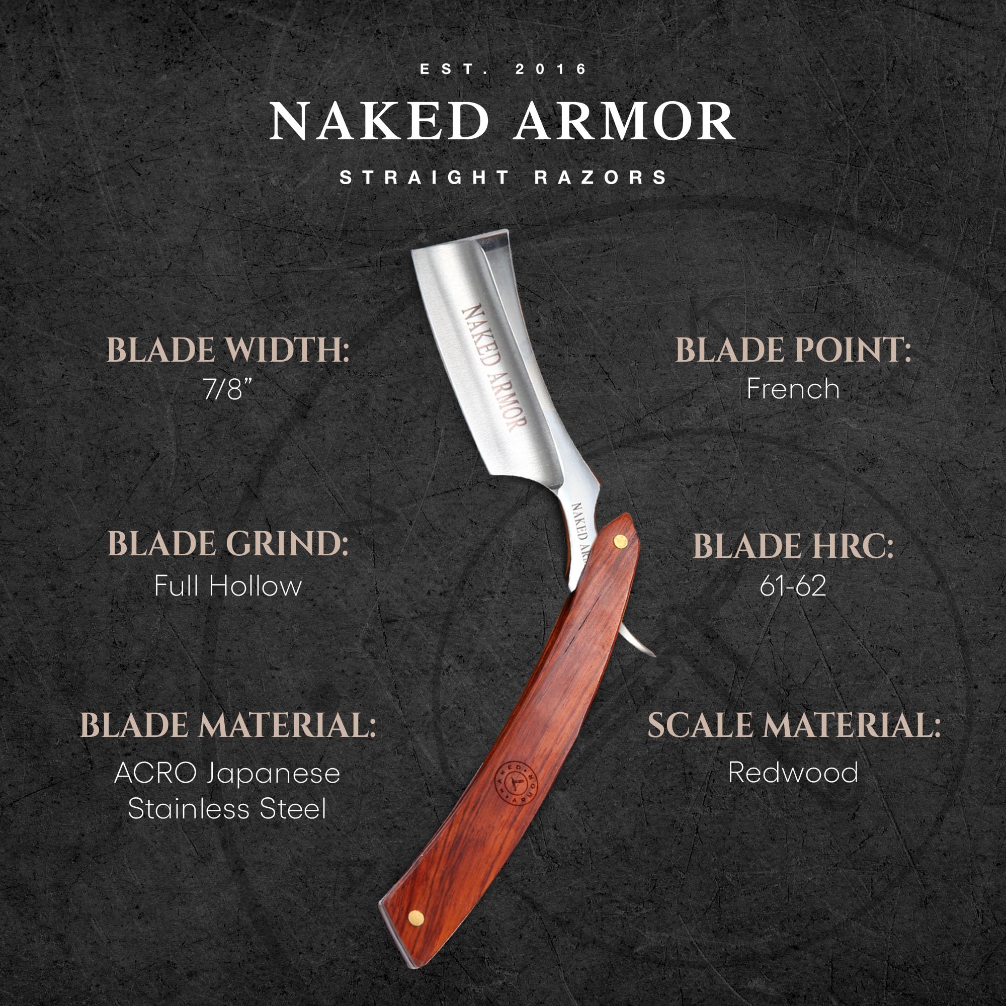 Naked Armor Thor Straight Razor, Shave Ready 7/8” Japanese Stainless Steel