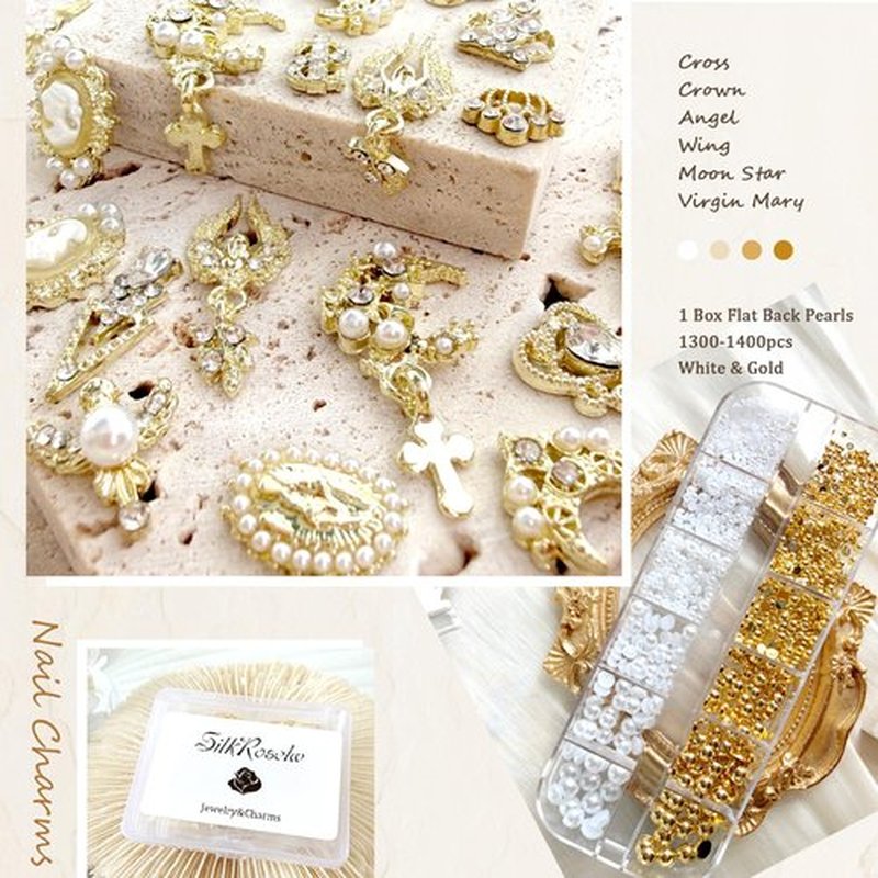 3D Luxury Gold Cross Nail Charms, Flat Back Pearls Bead Crafting, Rhinestones Nail Charms Y2k Cute Crown Star Moon Heart Flower Virgin Mary Angel Dangle Gem Charms Nail Art Nail Chains Bulk