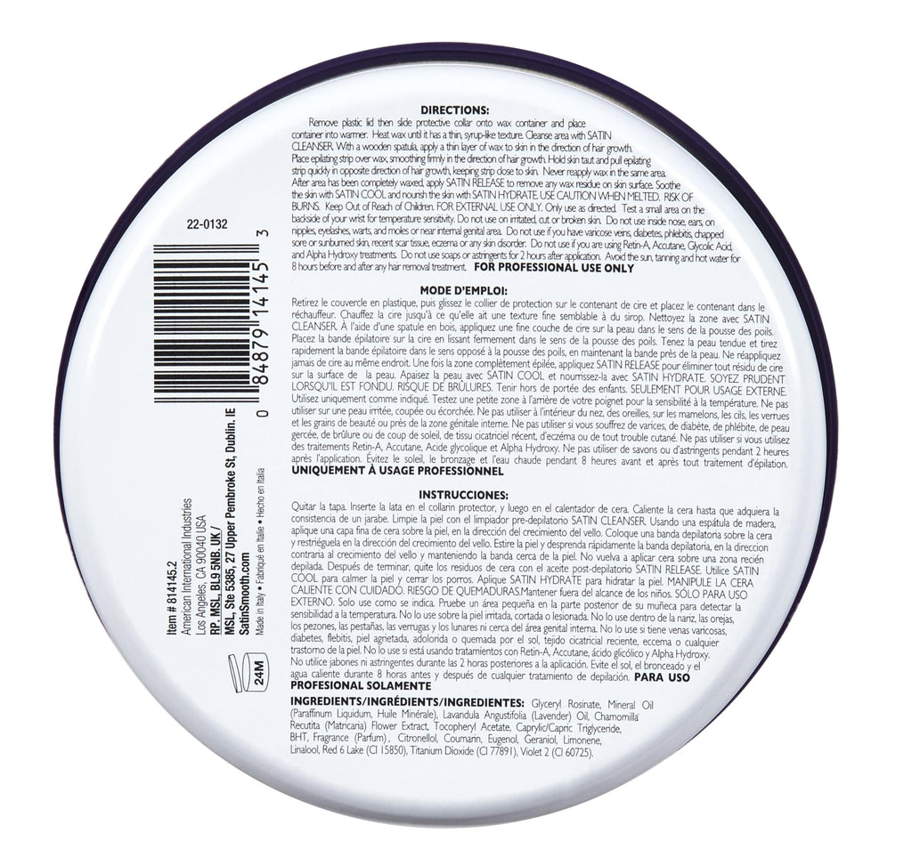 Satin Smooth Lavender Wax with Chamomile, Facial and Full Body Hair Removal Wax, Soothes and Calms, Ideal for Sensitive Skin, Waxing Kit, 14oz, 1-pack