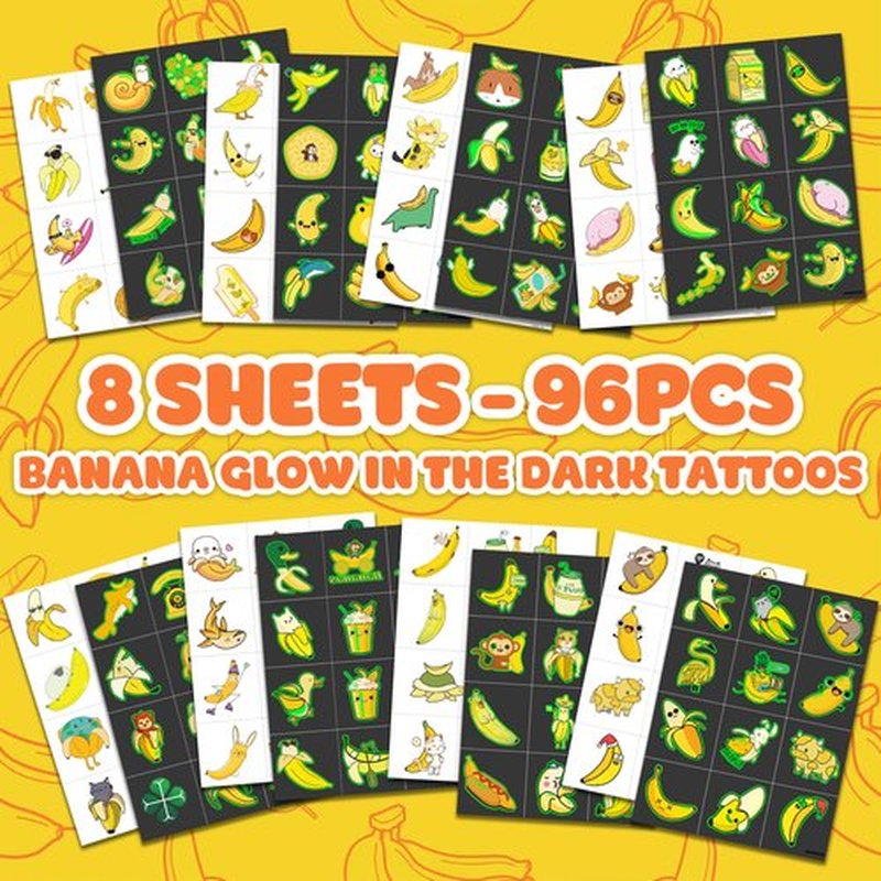 Banana Pre-Cut Temporary Tattoos 8 Sheets 96PCS Yellow Banana Party Decorations Supplies Favors Fruits Theme Birthday Stickers Christmas Gifts for Boys Girls Class School Prizes Carnival (Luminous)