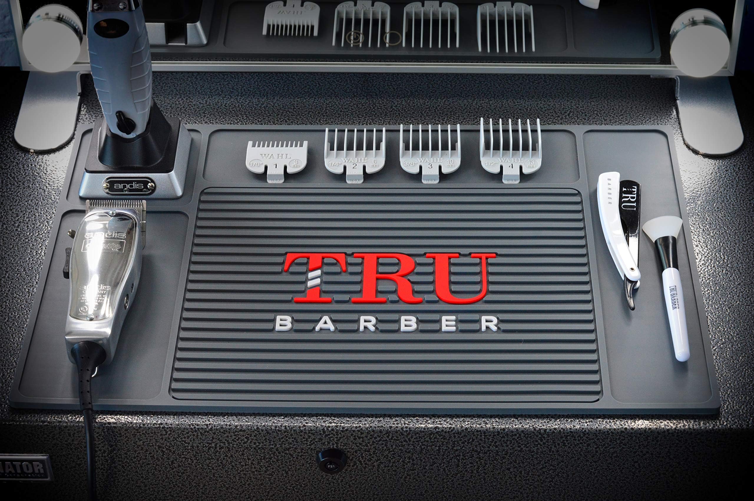 TRU BARBER Organizer Mat 18" X 13" (Charcoal Grey) Flexible PVC Station Mat, Salon Barbershop Work Station Pad, Anti-Slip