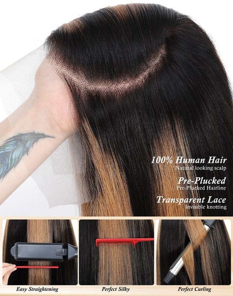 KUKIM 30 Inch Ombre Straight Wigs Human Hair 13x6 HD Transparent Lace Front Wigs Human Hair Pre Plucked 200 Density Highlight Real frontal Wig Can Last 6-9 Months Tangle-Free Natural Black for Women