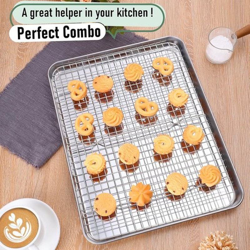 Homikit Baking Sheet Set - 16" x 12" Stainless Steel Cookie Pan with Cooling Rack | Nonstick & Dishwasher Safe