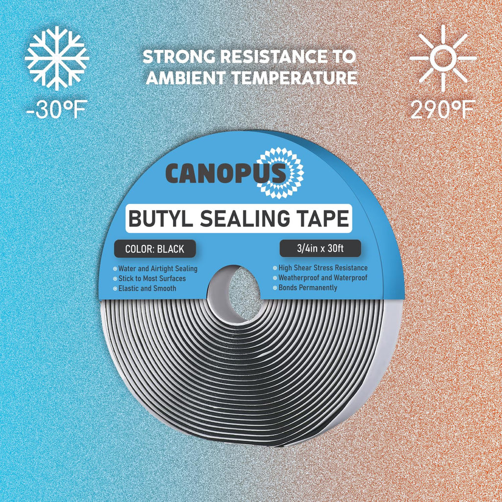 CANOPUS Butyl Seal Tape, Black, 1/8-in x 3/4-in x 30-ft, Heavy Duty, Waterproof Sealant Putty Tape, Rubber Tape to Seal RV, Boat, Home Pipes and Car Windows Leaks