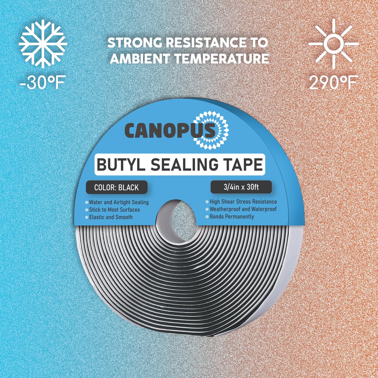 CANOPUS Butyl Seal Tape, Black, 1/8-in x 3/4-in x 30-ft, Heavy Duty, Waterproof Sealant Putty Tape, Rubber Tape to Seal RV, Boat, Home Pipes and Car Windows Leaks