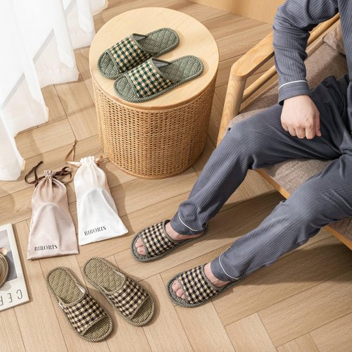 biroris 3 Pairs Plaid House Slippers for Men, Open Toe Indoor Slippers Comfortable Washable Portable Foldable Guest Travel Hotel Airplane Spa Slippers (plaid slippers, Adult, Men, 7, Numeric Range, US Footwear Size System, 9, Medium)