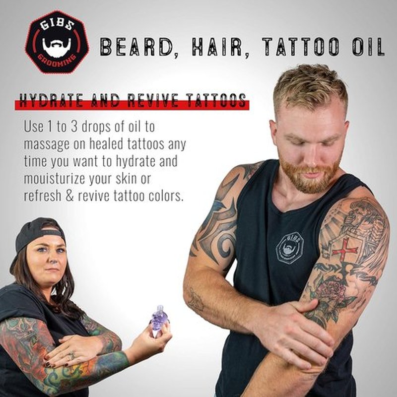 GIBS Grooming - Beard Oil & Tattoo Oil - Softens, Strengthens & Moisturizes Skin - 1 fl oz Travel Size
