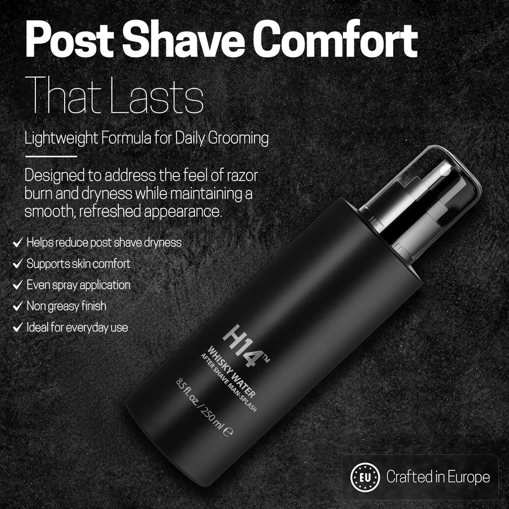 H14 Whisky Water Aftershave for Men - Aftershave Man-Splash with Grape Seed Oil and Horse Chestnut Bark Extract - Tones and Tightens Pores - Masculine Whisky Inspired Cologne Scent - 8.5 fl oz