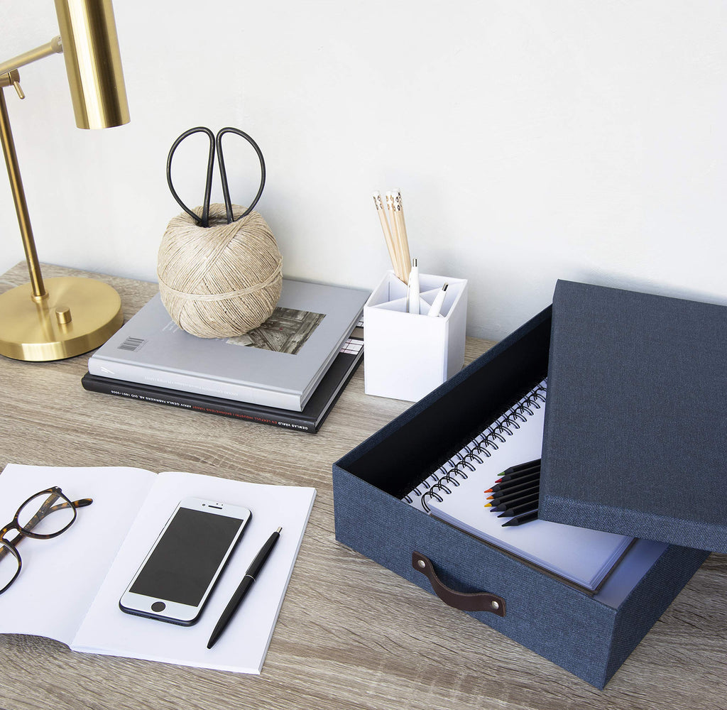 Bigso Oskar Canvas Fiberboard Document Letter Box - File Organizer Box for Important Paperwork - Document Storage with a Lid & Leather Handle - 3.3 in x 10.2 in x 13.8 in - Blue