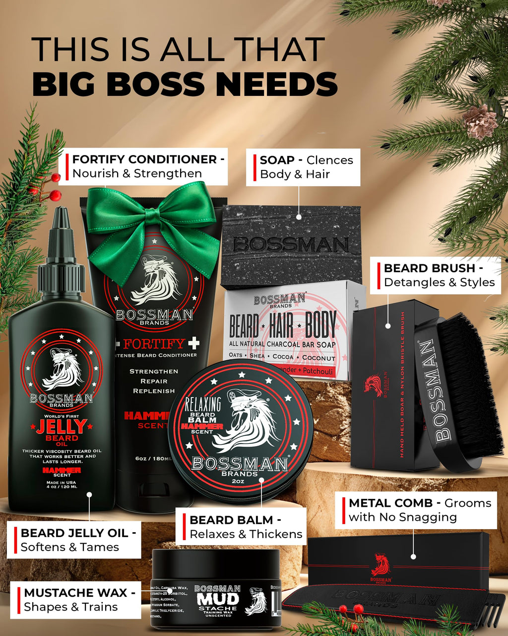 Bossman Big Boss Beard Care Kit for Men - Dad Gifts for Fathers Day, 7 Piece Beard Grooming Kit with Jelly Beard Oil, Beard Conditioner, Beard Balm, MUDstache Wax, Bar Soap, Metal Comb, Brush - (Gold)