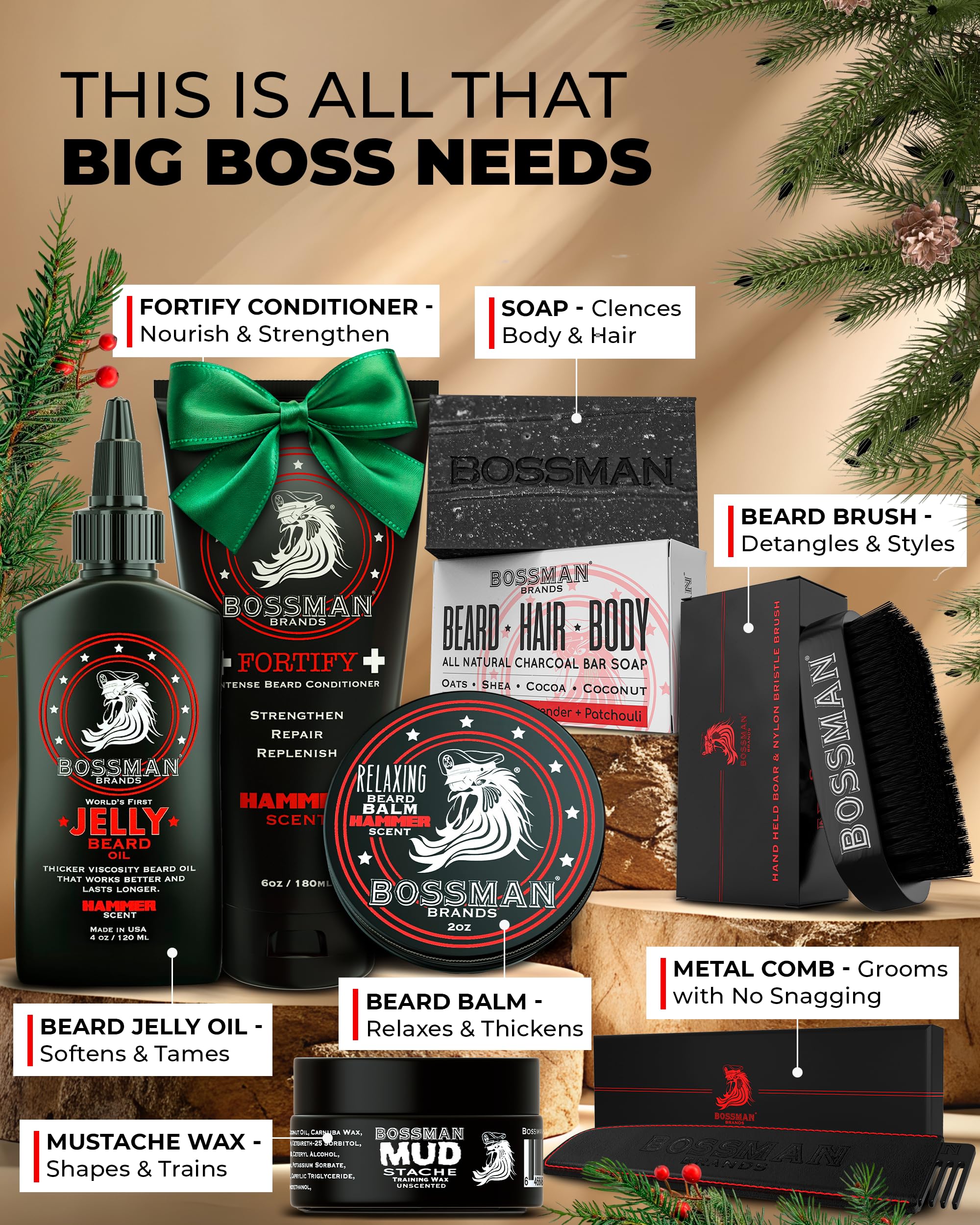 Bossman Big Boss Beard Care Kit for Men - Dad Gifts for Fathers Day, 7 Piece Beard Grooming Kit with Jelly Beard Oil, Beard Conditioner, Beard Balm, MUDstache Wax, Bar Soap, Metal Comb, Brush - (Gold)