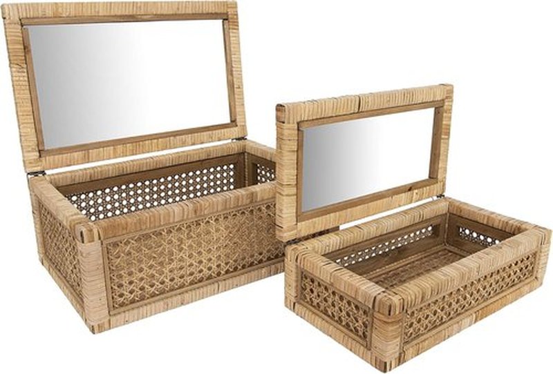 Creative Co-Op Decorative Woven Rattan and Wood Display Boxes - Set of 2 with Glass Top, Natural Finish