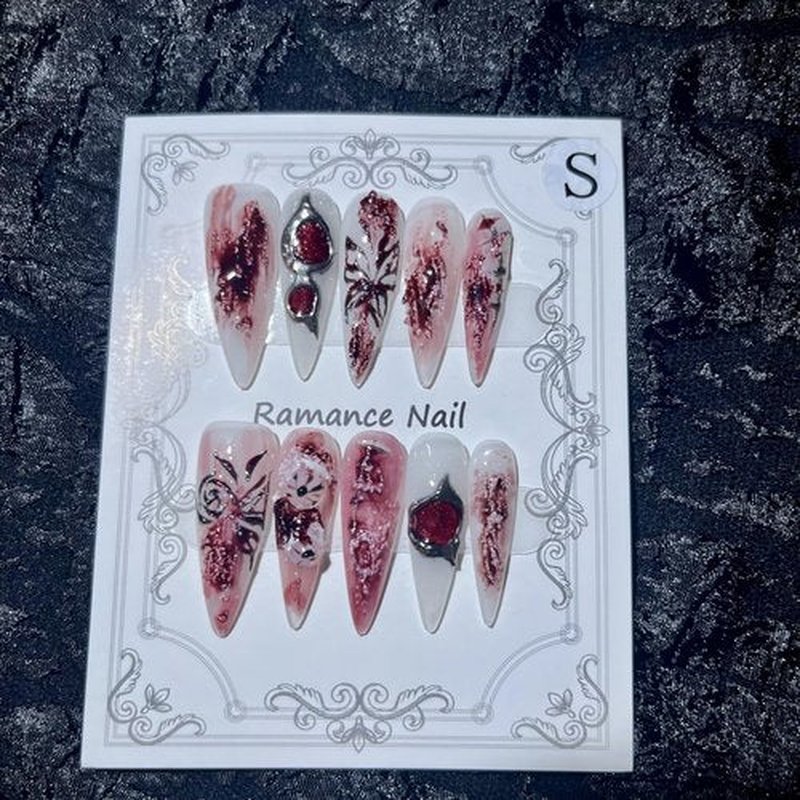 Handmade Fake Nails Press On Nails Red Baroque with Gothic Arch Design and Leather Accents for Women Size S