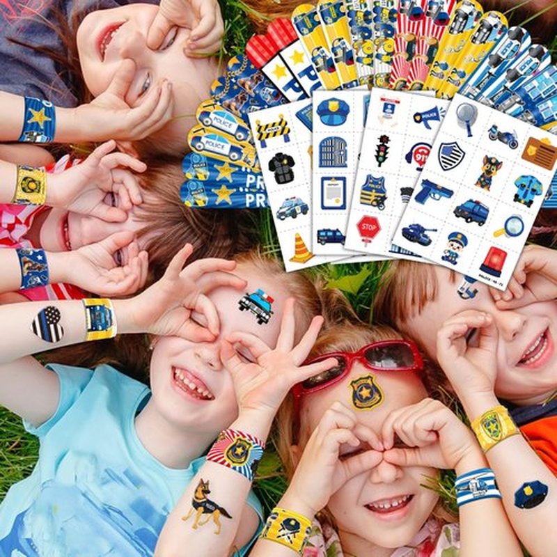 Cherisnowy 72PCS Police Party Set - 48PCS Temporary Tattoos & 24PCS Slap Bracelets - Fun Law Enforcement-Themed Birthday Supplies, Baby Shower Gifts, Classroom Rewards & Decor for Kids (Boys & Girls)