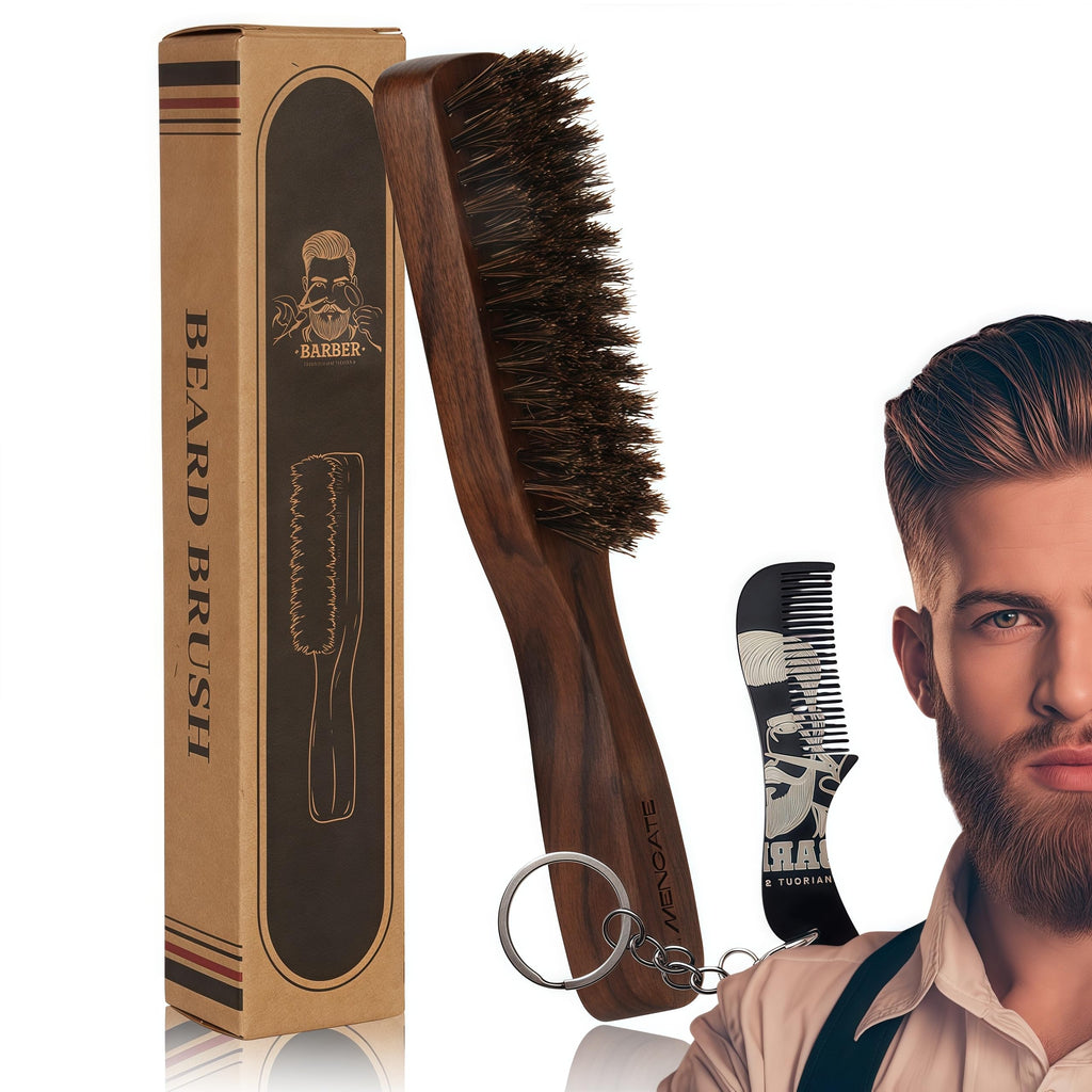 MenGate Boar Bristle Beard Brush for Men - Wooden Beard Brush and Slick Back Hair Brush with Metal Comb Keychain, Perfect for Home and Travel Use - Regular