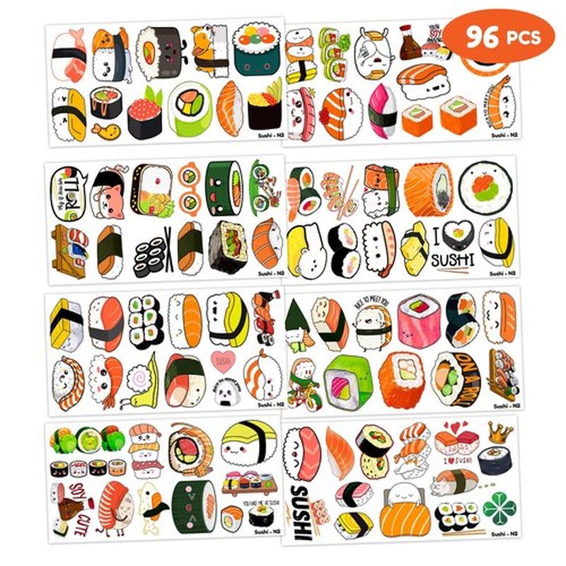 Sushi Temporary Tattoos 8 Sheets 96 PCS Sushi Roll Party Decorations Favors Supplies Japanese Theme Birthday Cute Stickers Christmas Gifts for Boys Girls Kids Class School Prizes Carnival