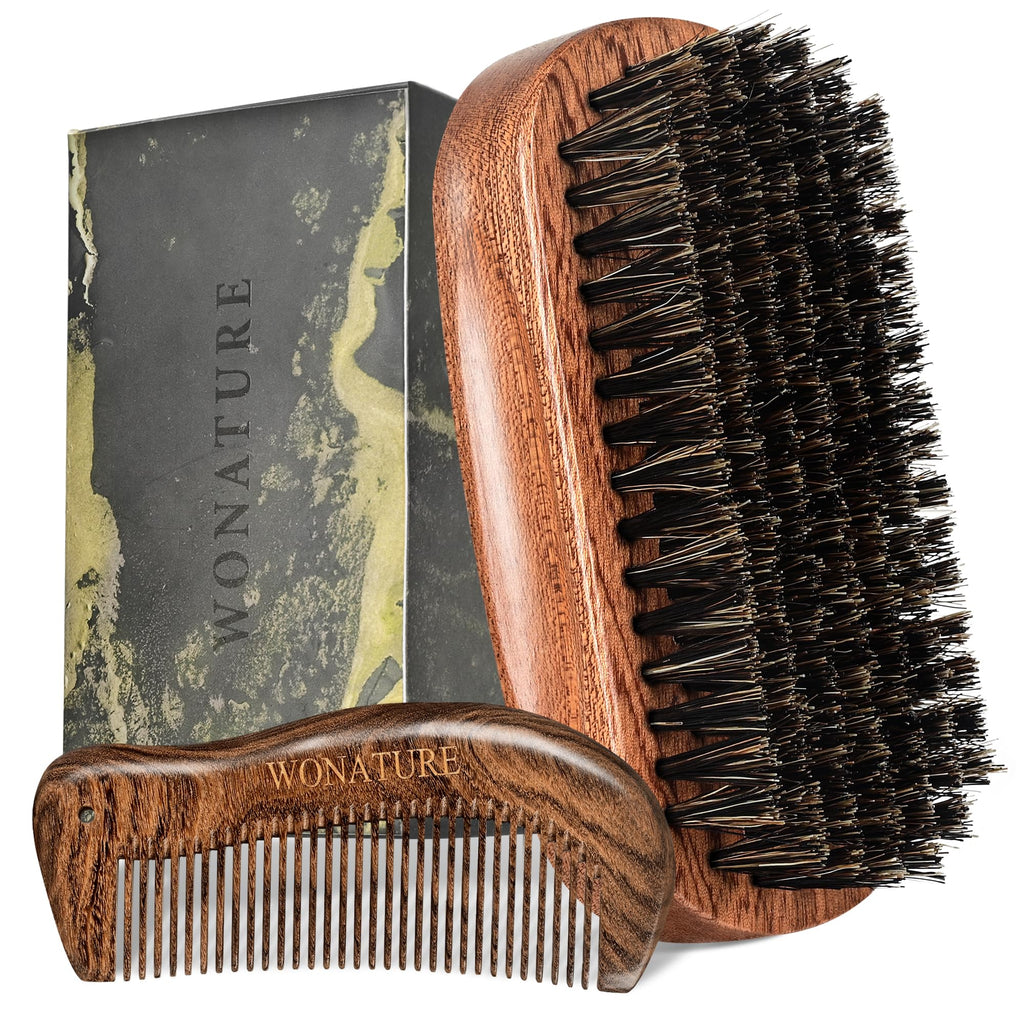 Wonature Beard Brush - Men's Beard Care Tool Set with Wooden Sandalwood Comb & Travel Pouch, Styling & Detangling Travel Kit for All Beard Types