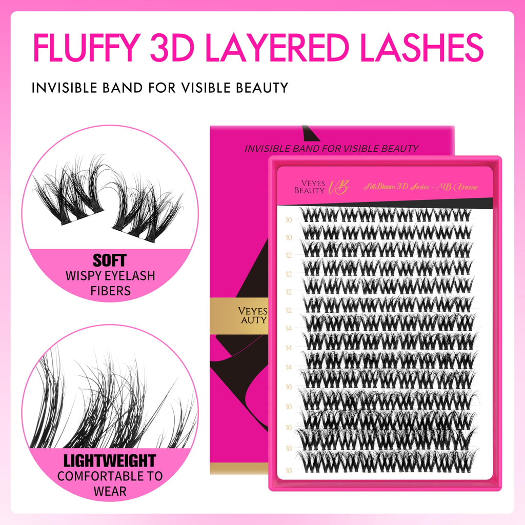 VEYESBEAUTY Lash Clusters Fluffy Individual Lash Extensions VBmuse 3D Layered Volume Eyelashes Thin & Invisible Band Wispy Faux Mink Lash Silk Bloom 3D Series Mixed Length 10-18mm