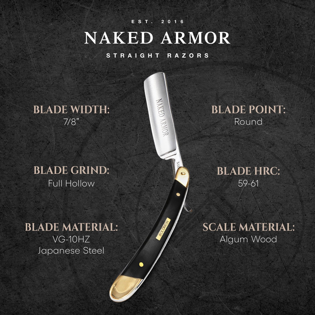 Naked Armor Straight Razor Kit – Solomon Japanese Carbon Steel Blade, Complete Straight Razor Shaving Kit for Men, Shave-Ready, Strop, Brush, Soap & Pine Gift Box Included (Black)