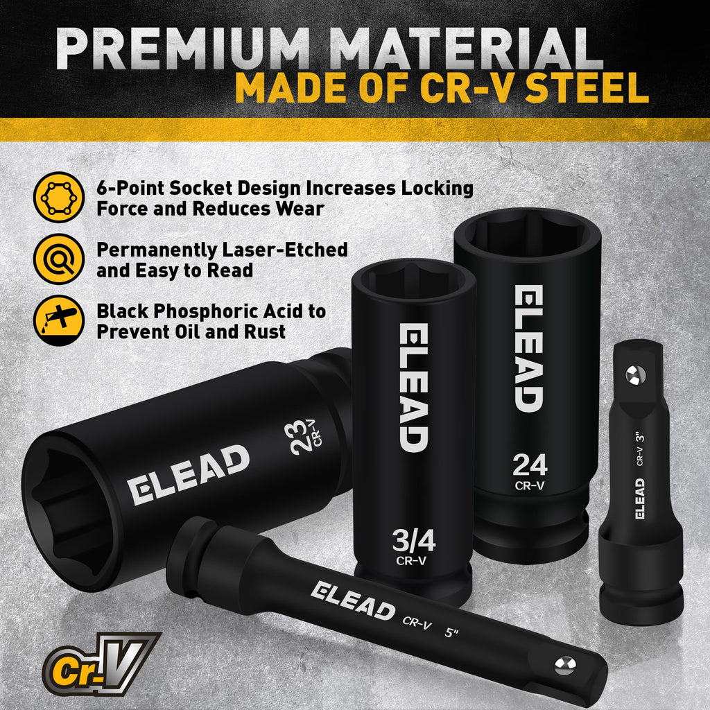 ELEAD 1/2" Drive Deep Impact Socket Set: 30-Piece Standard SAE (3/8 to 1 Inch) and Metric (10-24mm) Size, 3" and 5" Drive Extension Bar, Ratchet Handle, Bit Adapter, CR-V Steel for Auto Repair