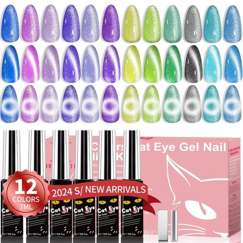 noirwhite Cat Eye Gel Nail Polish Kit-12 Colors Holographic Glitter Cat Eye Gel Polish Set with Magnet Based Top Coat Romantic Galaxy Series Soak Off Uv Led Magnetic Nail Polish Nail Art Manicure DIY