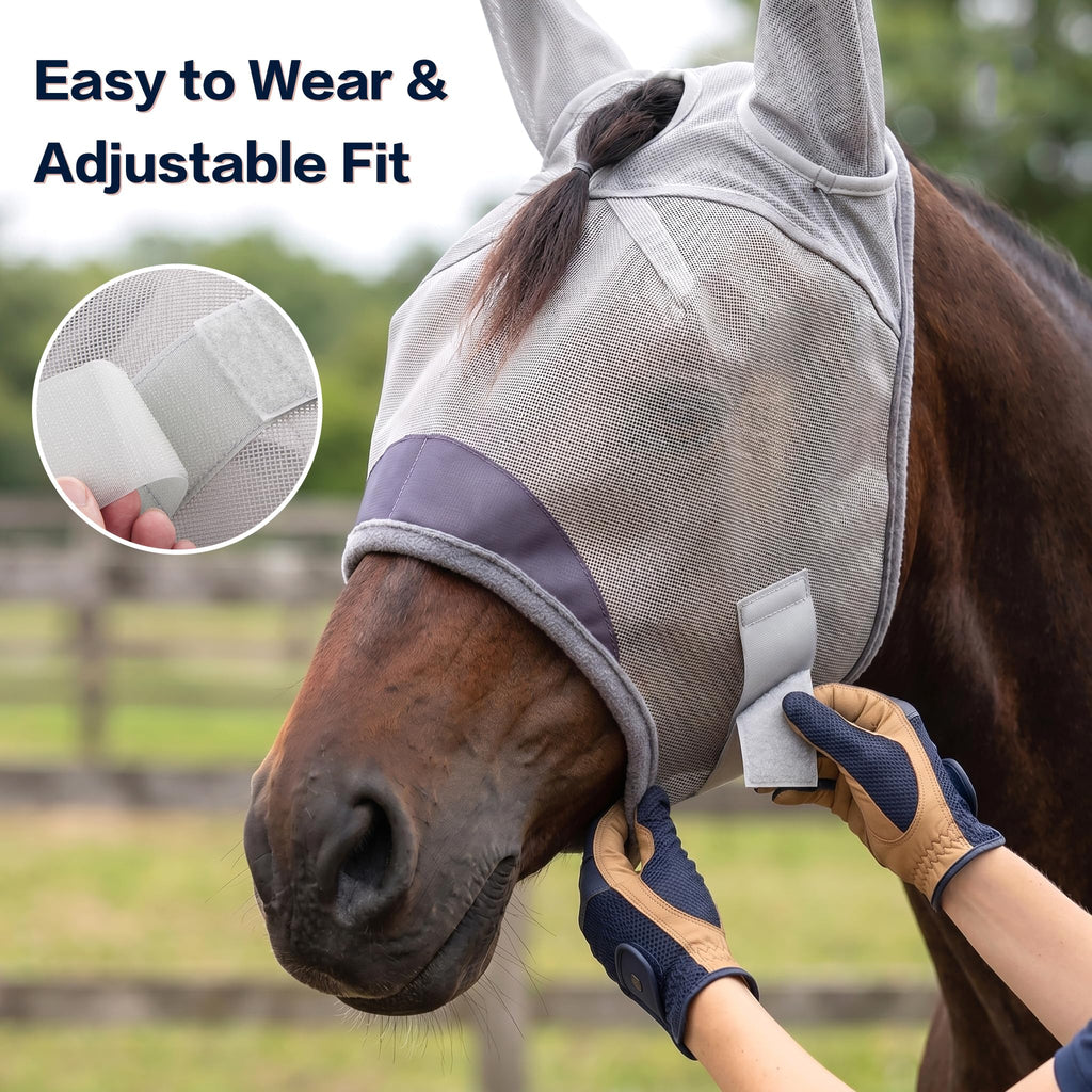 Horse Fly Mask with Ears - UV Protection Fine Mesh Super Comfort Fly Masks for Horses, Adjustable Breathability Horses Masks, Pony Equine Fly Mask for Miniature Foal Draft Cob Srabian Full (Gray, L)