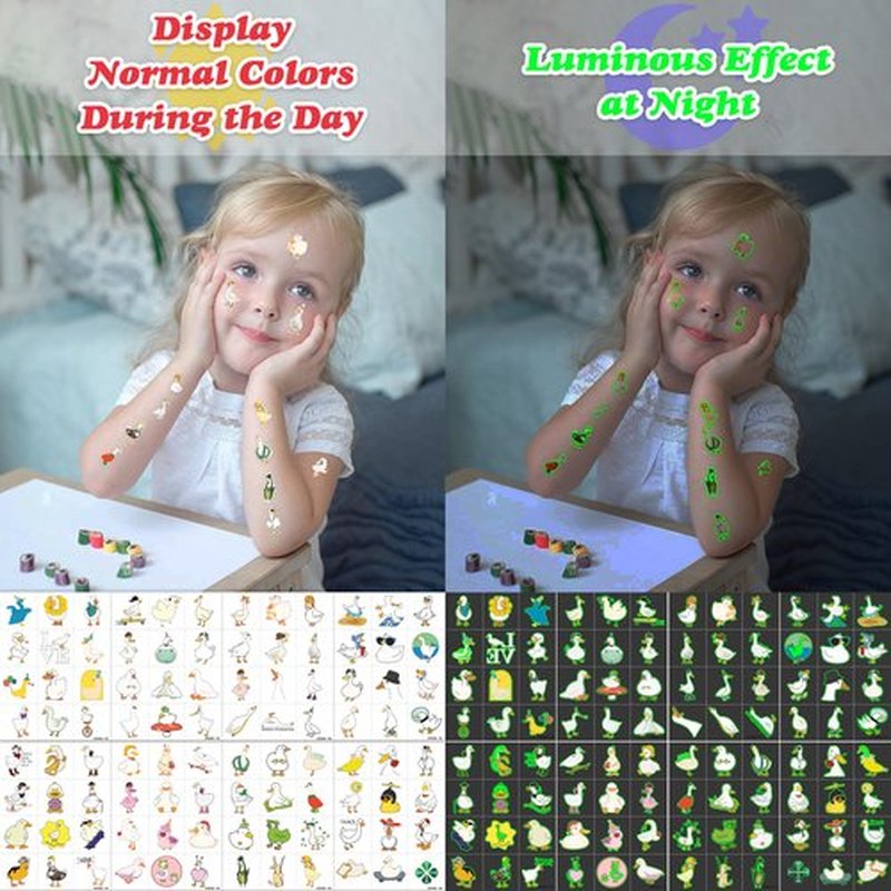 Duck Pre-Cut Temporary Tattoos 8 Sheets 96 PCS Silly Goose Party Decorations Supplies Favors Geese Animals Theme Birthday Cute Stickers Christmas Gifts for Boys Girls Class School Carnival (Luminous)