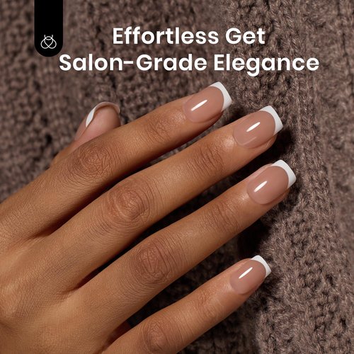 Beetles Press On Nails Square- French Tip Nails 210pcs Short Square Brown Soft Gel Nail Tips Pre-applied Tip Primer No Need File False Nails for Nail Art DIY 15 Sizes