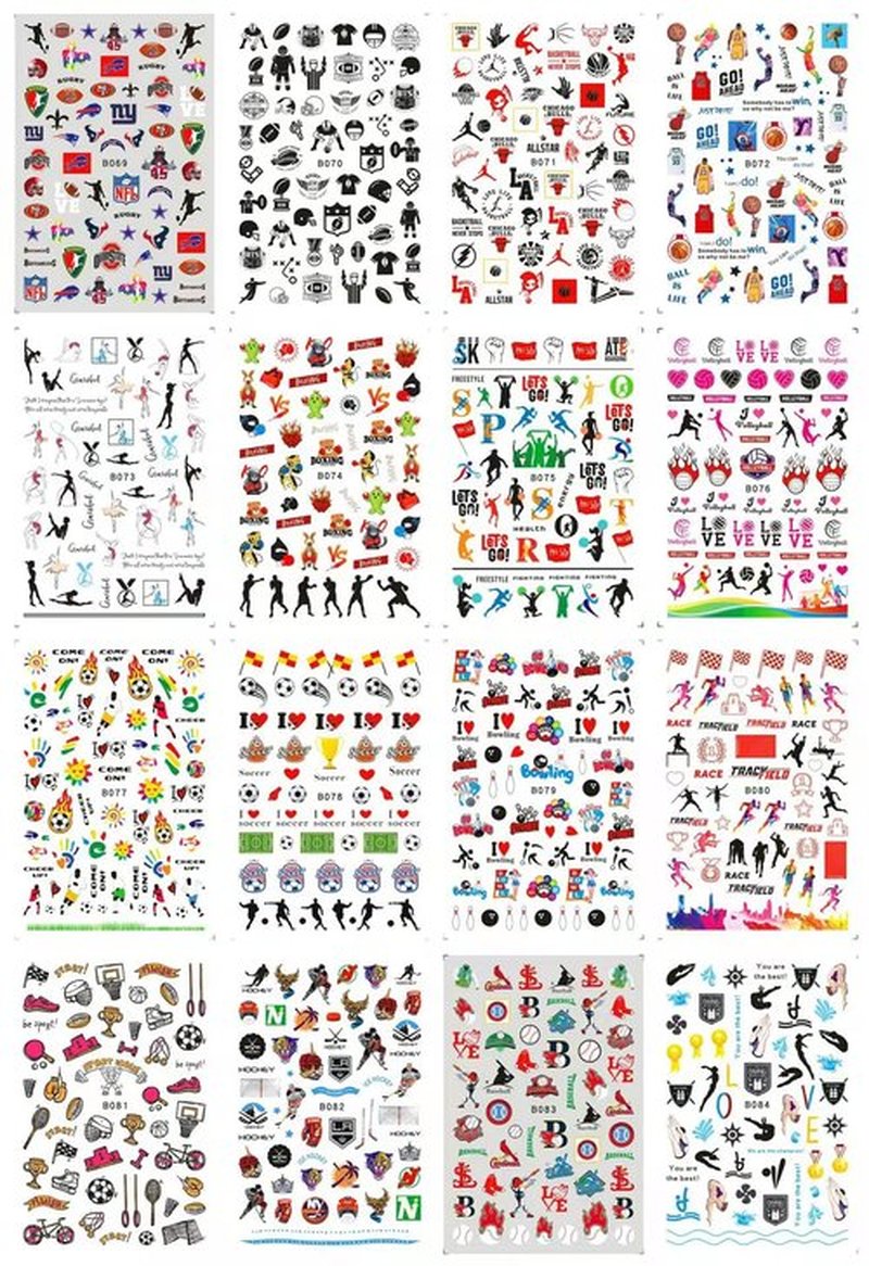 CHANGAR Football Sports Nail Art Decals - Basketball, Soccer, Cheerleading, Flag, Bowling, Rugby, Ballet - 16 Sheets
