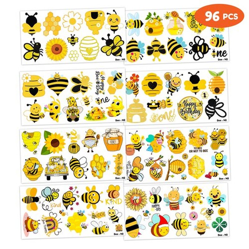 96PCS Happy Bee Day One Temporary Tattoos Honey Bees First Theme Birthday Party Decorations Favors Supplies Decor Cute Bumble Tattoo Stickers Gifts for Boys Girls Kids School Prizes Carnival Christmas