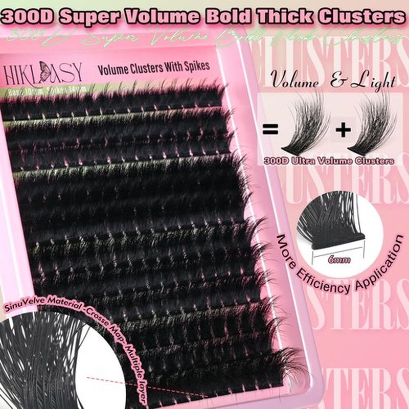 Thick Lash Clusters 300D Extra Volume With Spikes,14-22mm Dramatic Mega D Curve Glam Looking,Full & Bold Cluster Eyelash Extensions,Locked Band No Shedding,Reusable Faux Mink Cluster Lashes-Hiklasy
