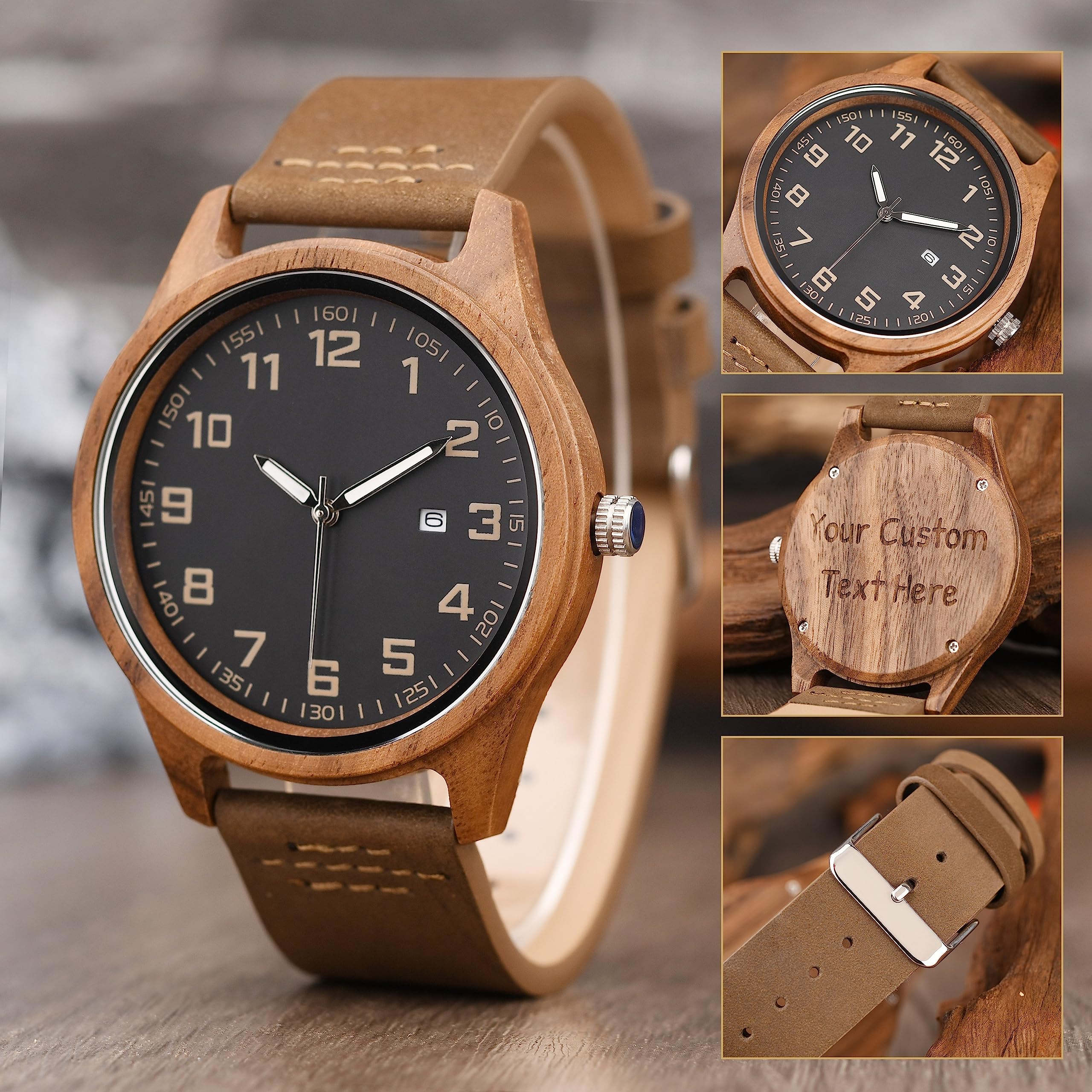 LMWOOD Engraved Wood Watch for Men Walnut Leather Strap Anniversary Birthday Personalized Watch for Husband Dad Son