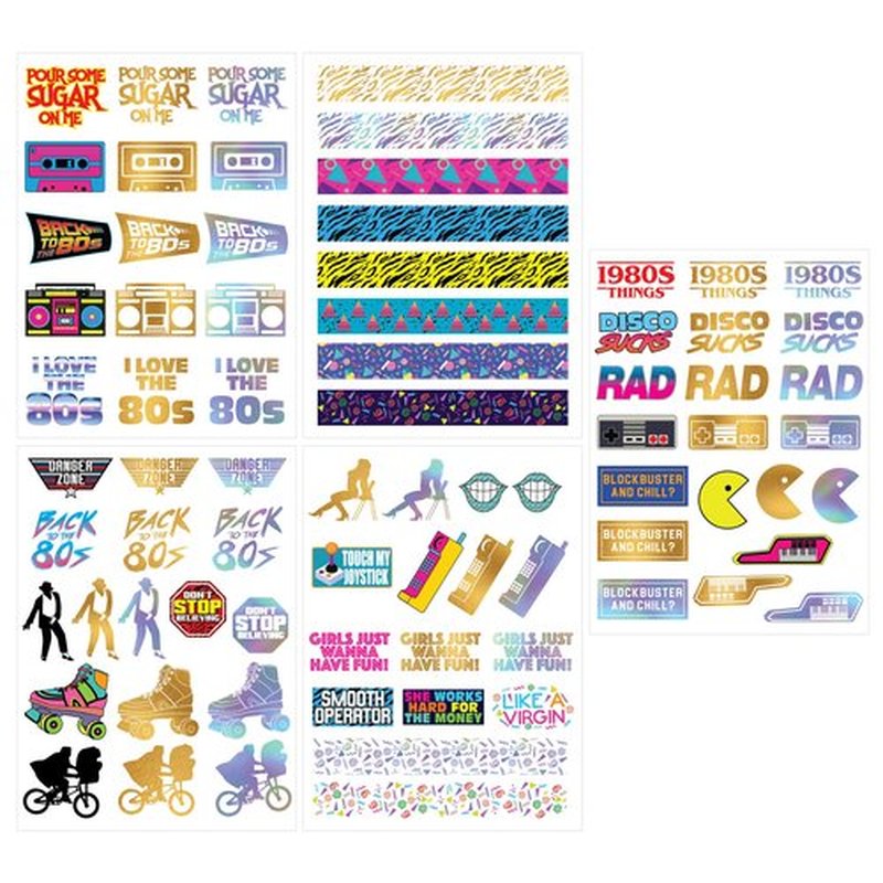 Retro 80s Theme Temporary Tattoos - 5 Sheets - Funny 1980s Party Favors, Decorations and Supplies