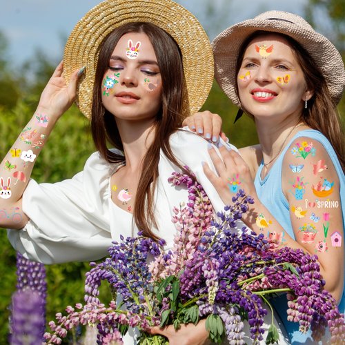 174 PCS Spring Temporary Tattoos, 12 Sheets Waterproof Hello Spring Tattoo, Rose Gold-Foil Spring Party Decorations Glitter Flowers Butterfly Egg Fillers for Easter Basket Stuffers Party Favors