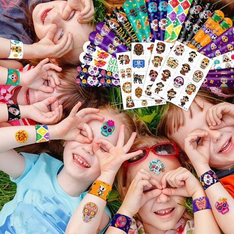 Cherisnowy 72PCS Day of the Dead Party Set | 48PCS Temporary Tattoos & 24PCS Slap Bracelets Fun Día de los Muertos Birthday Supplies, Baby Shower Gifts, Classroom Rewards & Party Decor for Kids