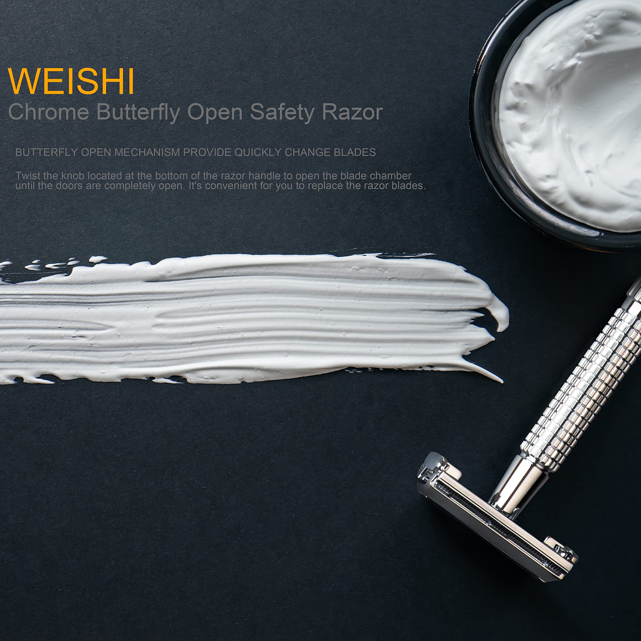 WEISHI Butterfly Open Double Edge Safety Razor for Men, Chrome Long Handle with 5 Stainless Razor Blades Included, Reusable Wet Shave Tool for Smooth, Close Shave