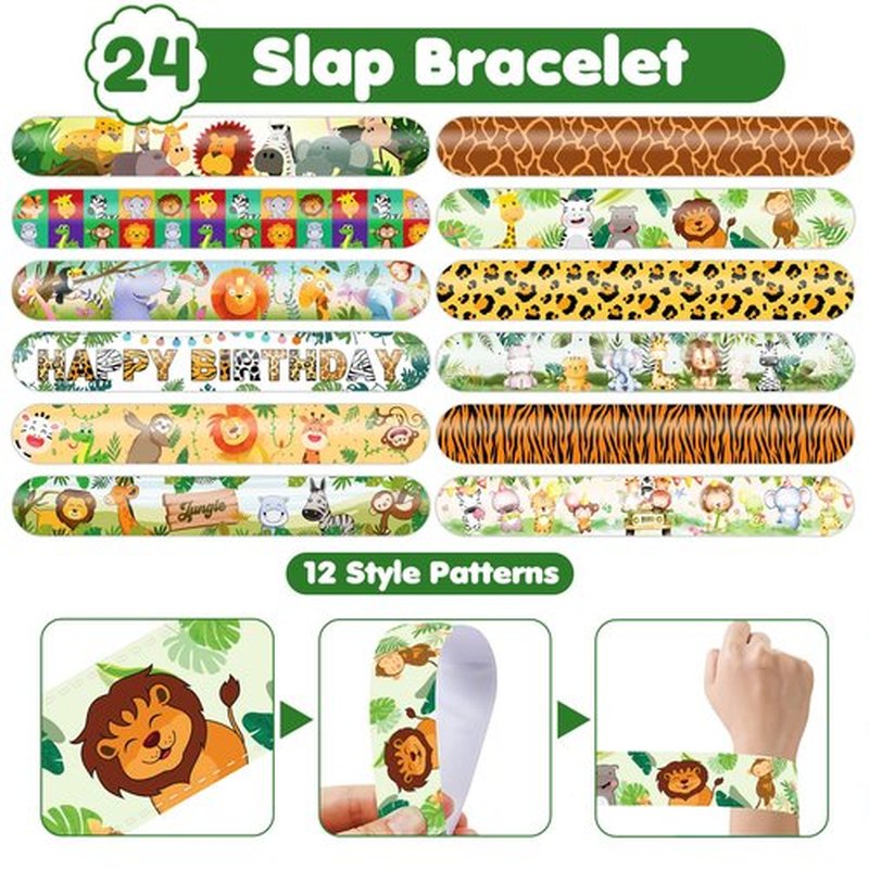 Cherisnowy 72PCS Jungle Party Set - 48PCS Temporary Tattoos & 24PCS Slap Bracelets Safari Themed Birthday Supplies, Baby Shower Gifts, Classroom Rewards & Party Decor for Kids (Boys & Girls)