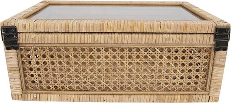 Creative Co-Op Decorative Woven Rattan and Wood Display Boxes - Set of 2 with Glass Top, Natural Finish
