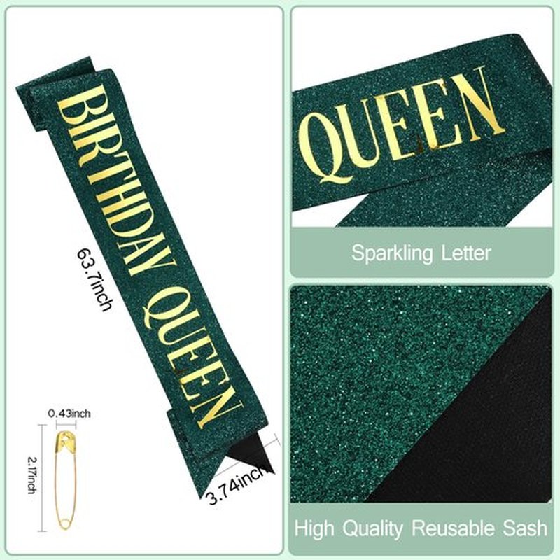 COCIDE Birthday Sash for Women Happy Birthday Crown Tiaras for Women Queen Princess Headband for Party Decoration Girl Green and Gold Sahes Hair Accessories Favors Gift