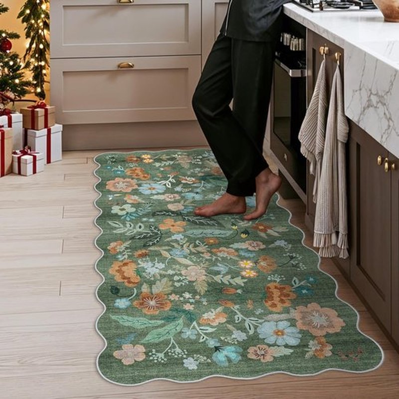 Hallway 3x6 Washable Runner Rug - Elegant Floral Scalloped Design | Soft Non-Slip Carpet for Entryway & Living Room