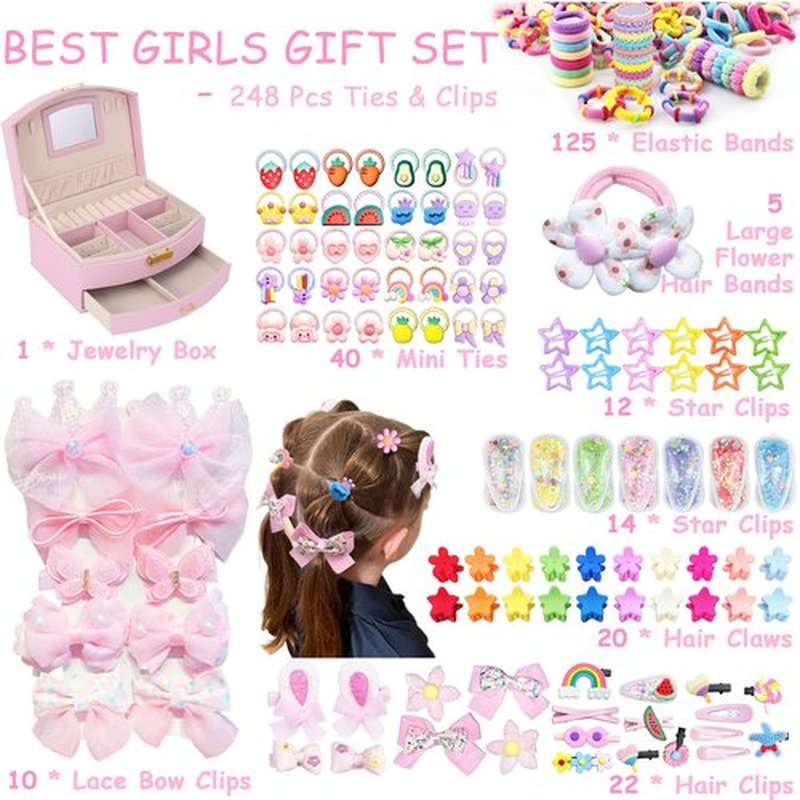 252 Pcs Hair Accessories for Girls, Back to School Hair Accessory Gift Hair Stuff Including Jewlry Box,Hair Clips,Hair Barrettes,Hair Ties,Hair Bows for Little One Teen Age 3-12
