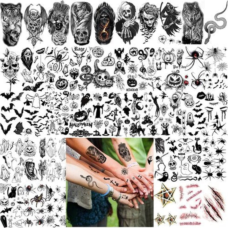 52 Sheets Black Halloween Temporary Tattoos for Kids Men Women, Include 10 Sheets Large Half Arm Sleeve Fake Tattoos, 200+ PCS Spider Snake Tiger Lion Skull Bat Vampire Scar Halloween Tattoos