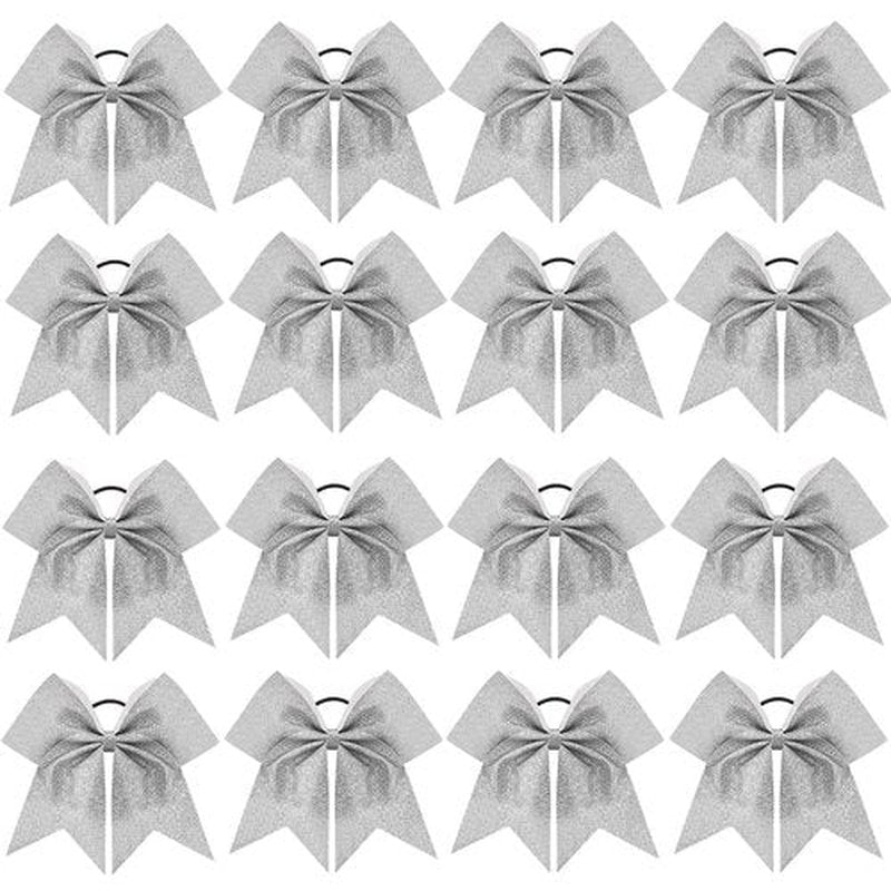 16 PCS 8" Large Glitter Cheer Bows for Cheerleaders, CN Sparkly Hair Bows with Elastic Hair Ties Accessories for Teens Girls Women Cheerleading Softball Competition Sports (Silver)